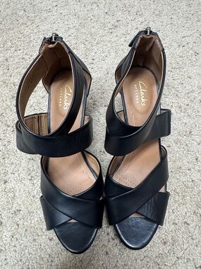 Clarks Black Leather Crisscross Ankle Strap Heels